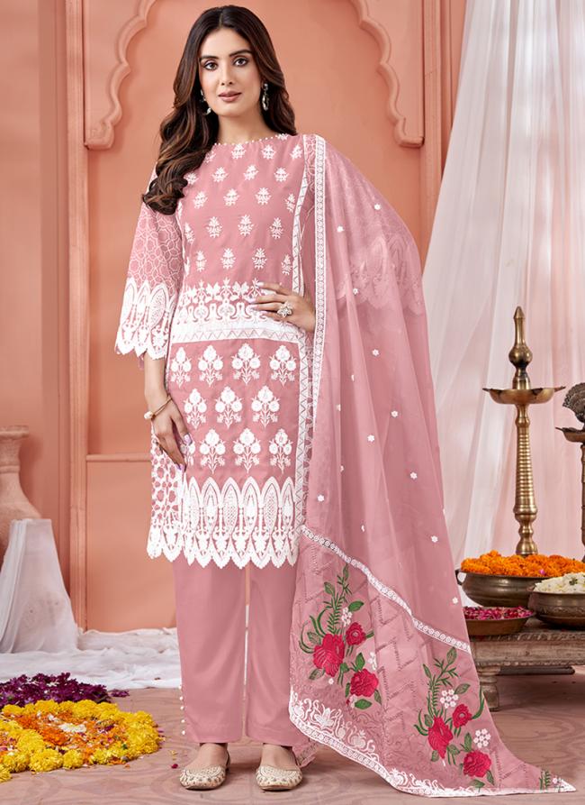 Pink Organza Party Wear Embroidery Work Salwar Suit