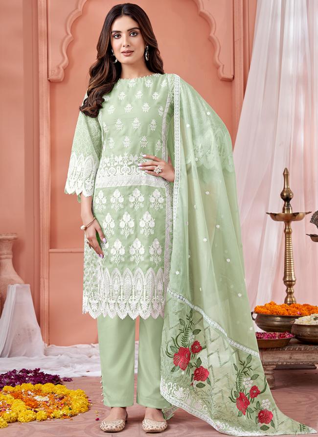 Pista Green Organza Party Wear Embroidery Work Salwar Suit