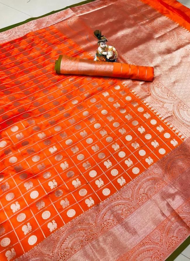 Orange Lichi Silk Traditional Wear Weaving Saree
