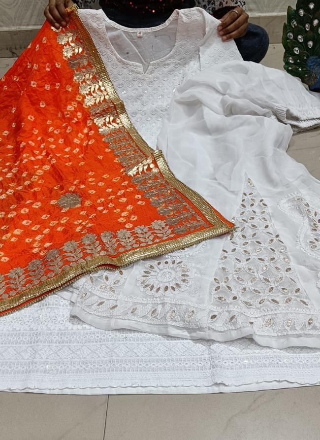 White Cambric Cotton Traditional Wear Sequins Work Phulkari Suit