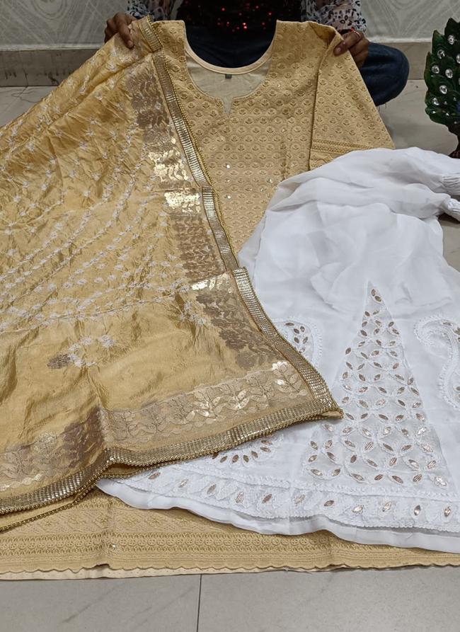 Beige Cambric Cotton Traditional Wear Sequins Work Phulkari Suit
