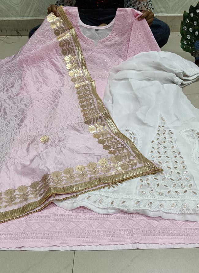 Light Pink Cambric Cotton Traditional Wear Sequins Work Phulkari Suit