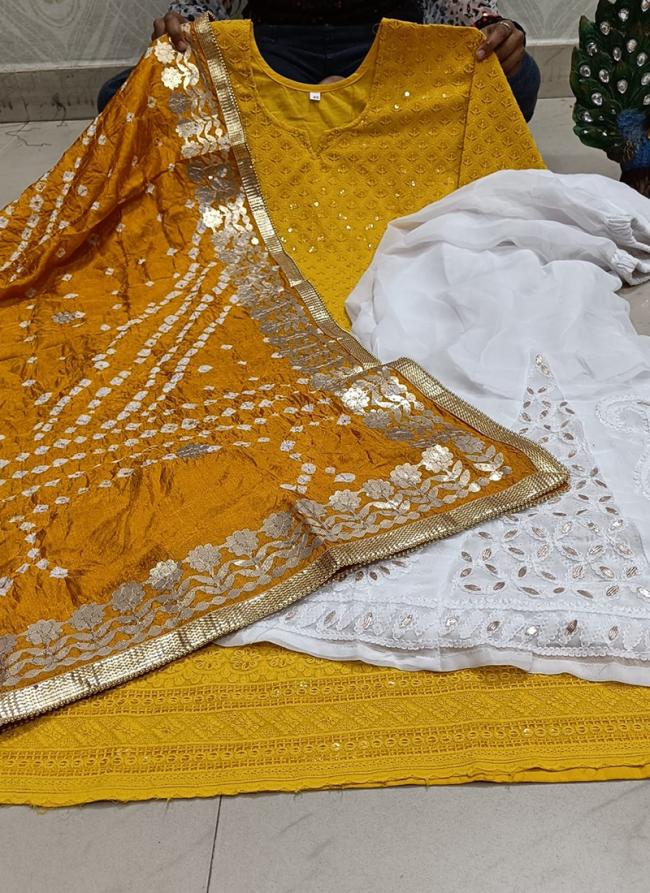 Yellow Cambric Cotton Traditional Wear Sequins Work Phulkari Suit