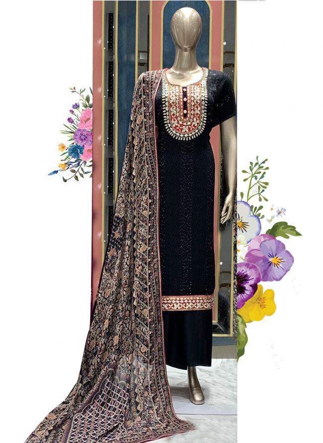 Black Chinnon Party Wear Hand Work Dress Material
