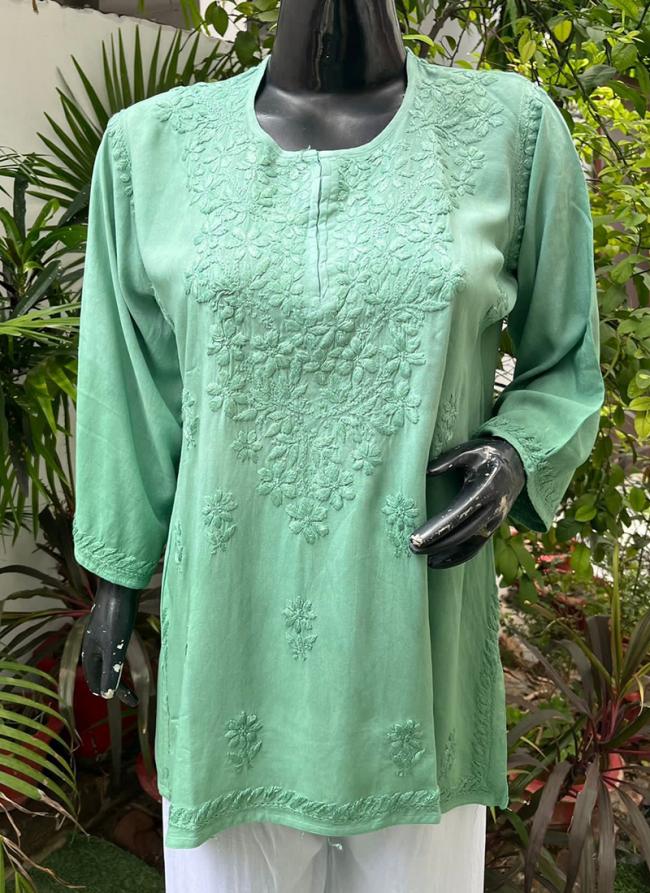 Green Rayon Casual Wear Lucknowi Kurti