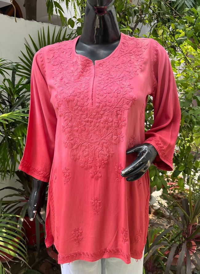 Pink Rayon Casual Wear Lucknowi Kurti