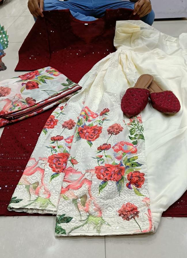 Maroon Cambric Cotton Festival Wear Chikankari Phulkari Suit