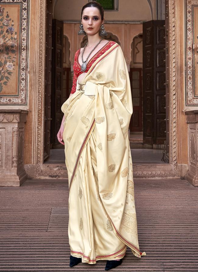 Cream Pure Satin Traditional Wear Weaving Saree