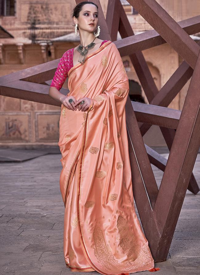 Peach Pure Satin Traditional Wear Weaving Saree