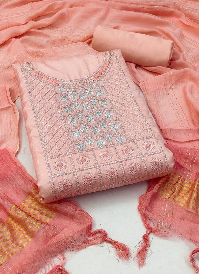 Peach Silk Festival Wear Embroidery Work Dress Material