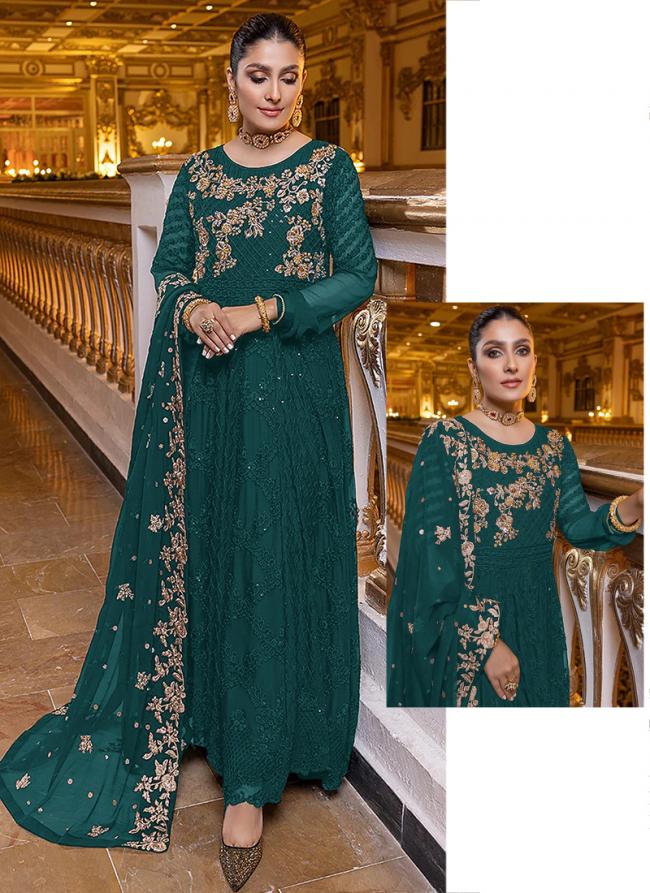 Bottle Green Faux Georgette Traditional Wear Sequins Work Pakistani Suit