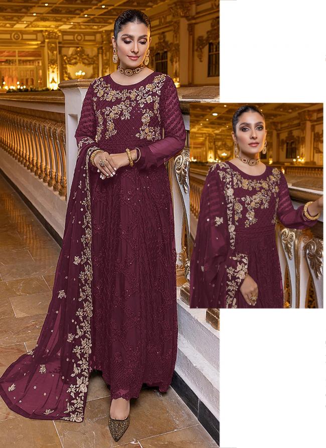 Wine Faux Georgette Traditional Wear Sequins Work Pakistani Suit