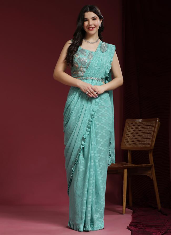 Sky Blue Jacquard Silk Wedding Wear Hand Work Stitched Saree