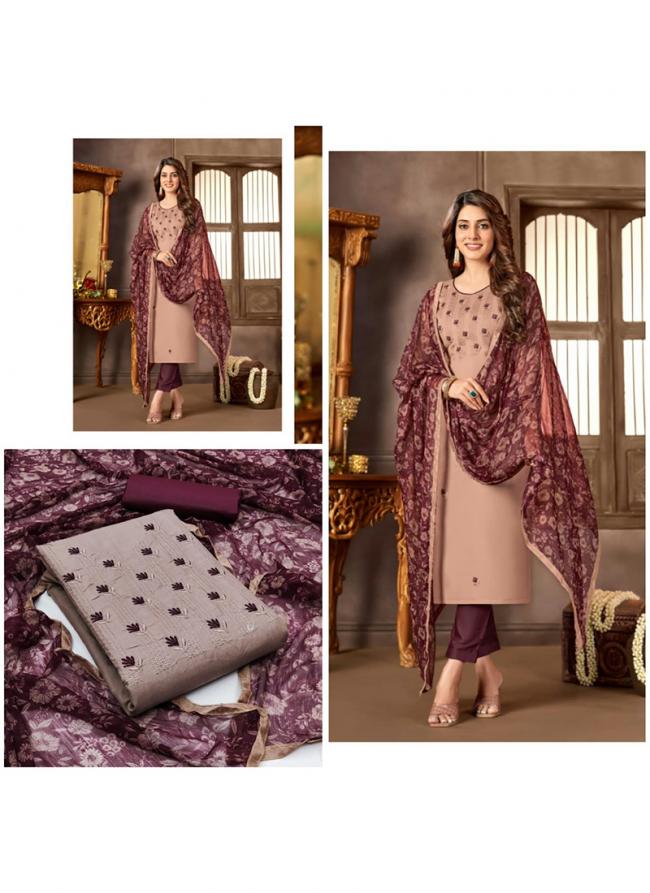 Brown Cotton Daily Wear Embroidery Work Dress Material