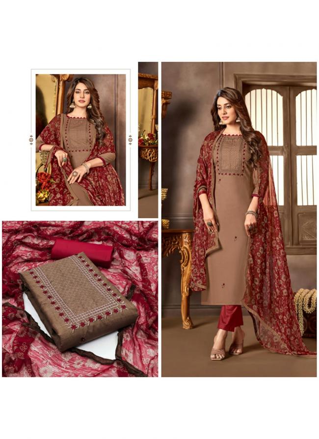 Dark Brown Cotton Daily Wear Embroidery Work Dress Material