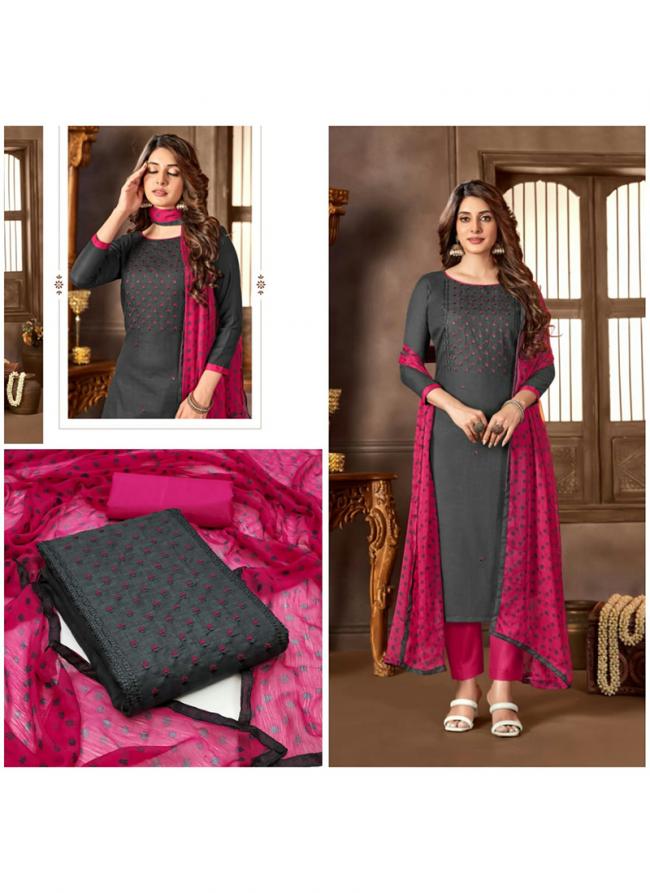 Dark Grey Cotton Daily Wear Embroidery Work Dress Material