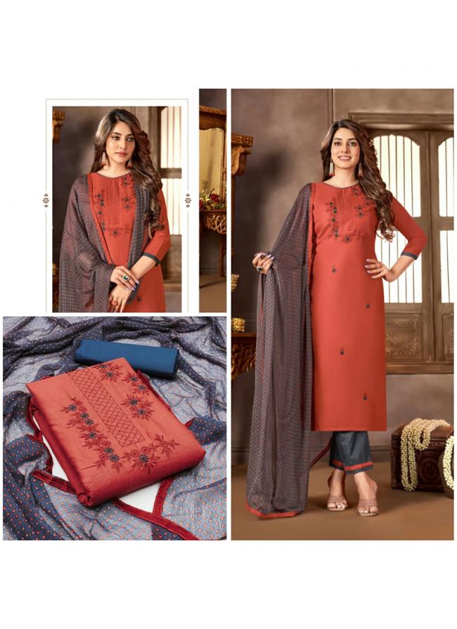 Rust Cotton Daily Wear Embroidery Work Dress Material