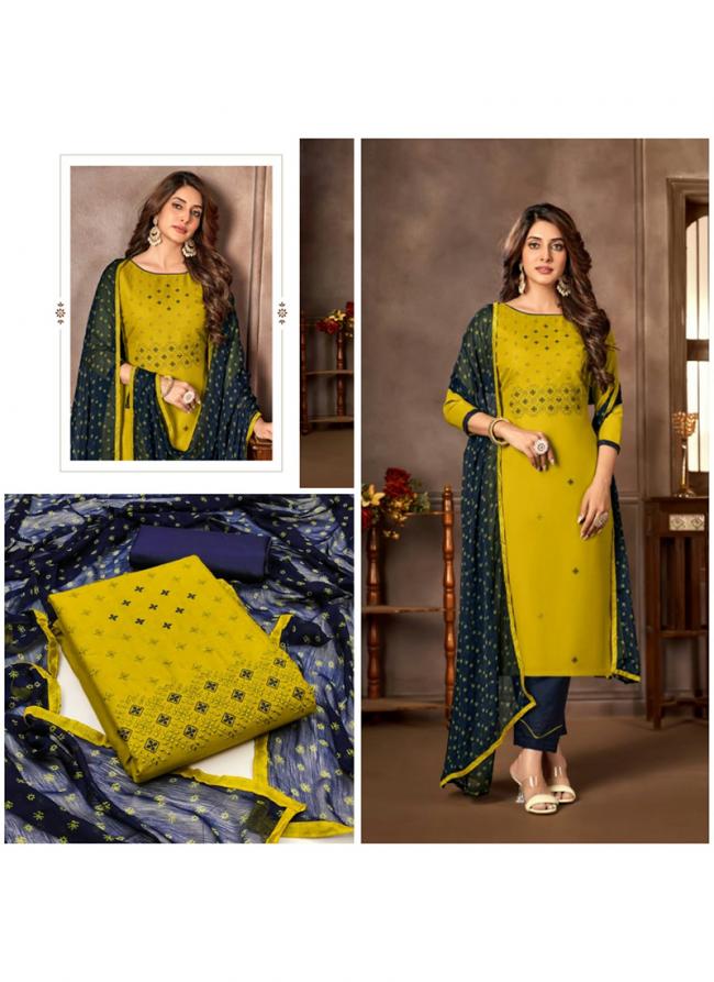 Yellow Cotton Daily Wear Embroidery Work Dress Material