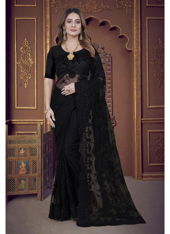 Black Net Wedding Wear Embroidery Work Saree