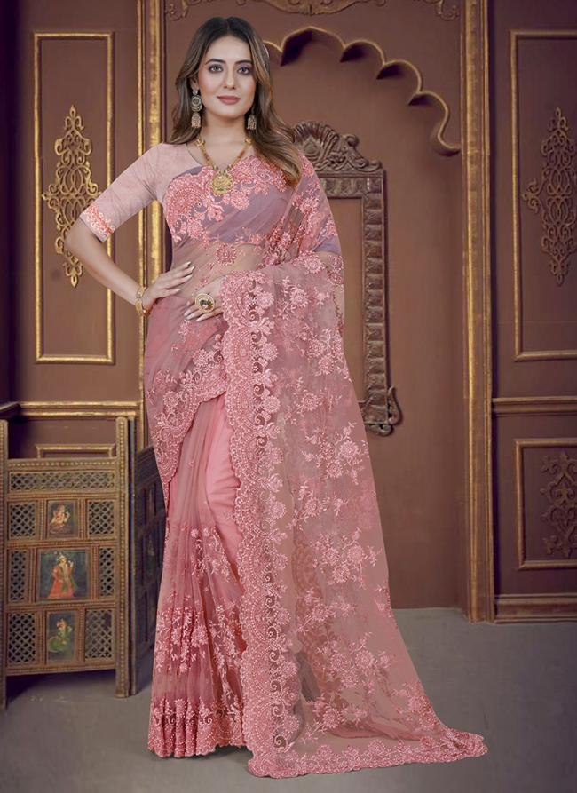 Dusty Gajri Net Wedding Wear Embroidery Work Saree