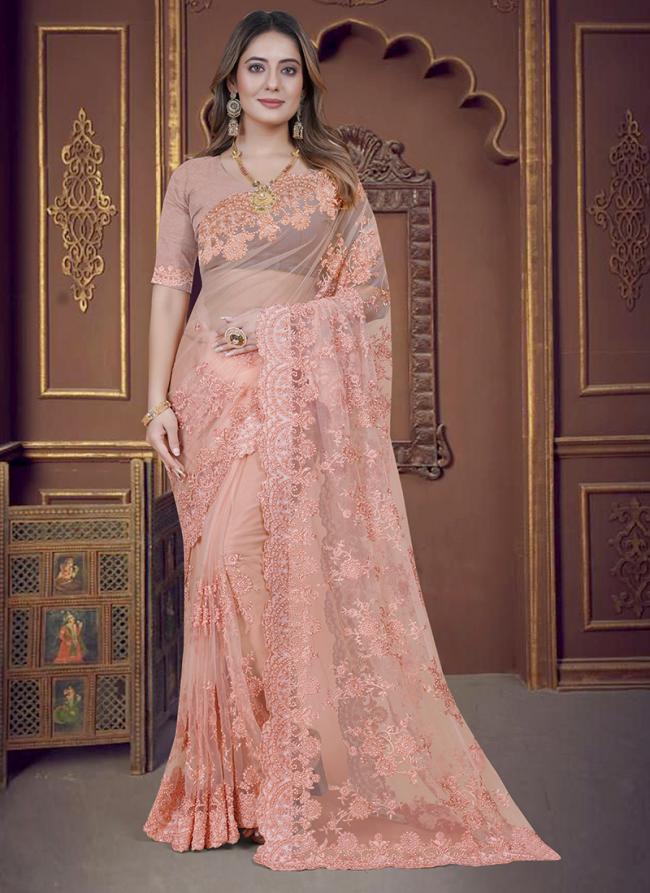 Dusty Peach Net Wedding Wear Embroidery Work Saree