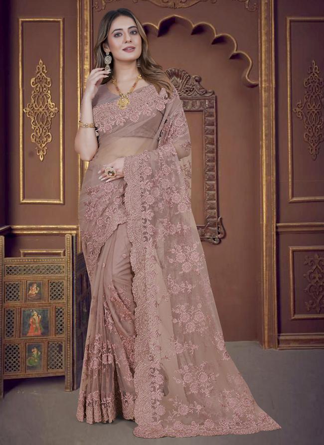 Lavender Net Wedding Wear Embroidery Work Saree