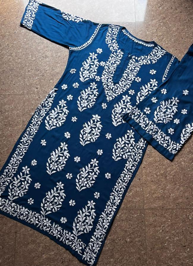 Blue Rayon Traditional Wear Lucknowi Kurti With Pant