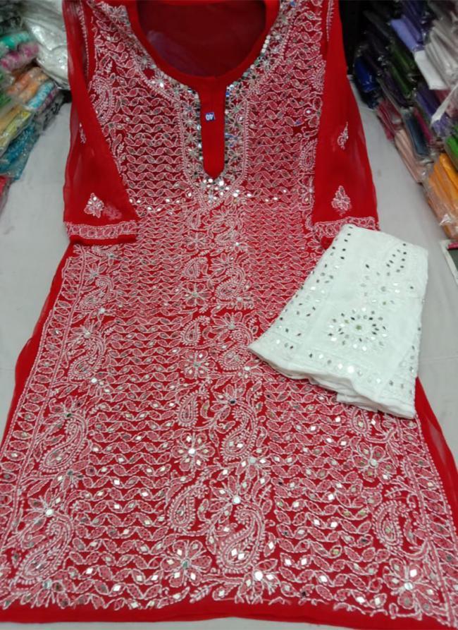 Red Georgette Party Wear Mirror Work Kurti With Sharara