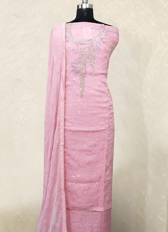Organza Pink Traditional Wear Hand Work Dress Material