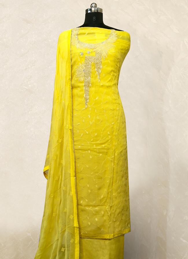 Organza Yellow Traditional Wear Hand Work Dress Material