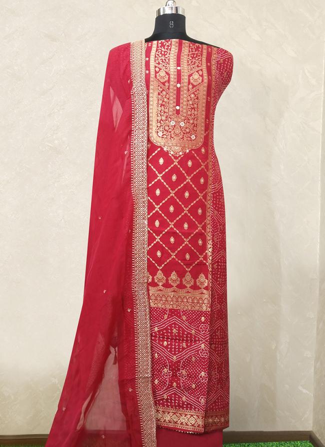 Silk Red Festival Wear Weaving Dress Material