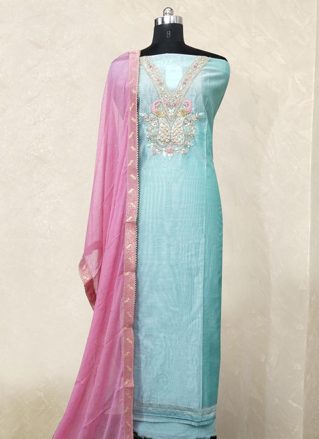 Chanderi Silk Sky Blue Festival Wear Hand Work Punjabi Dress Materials