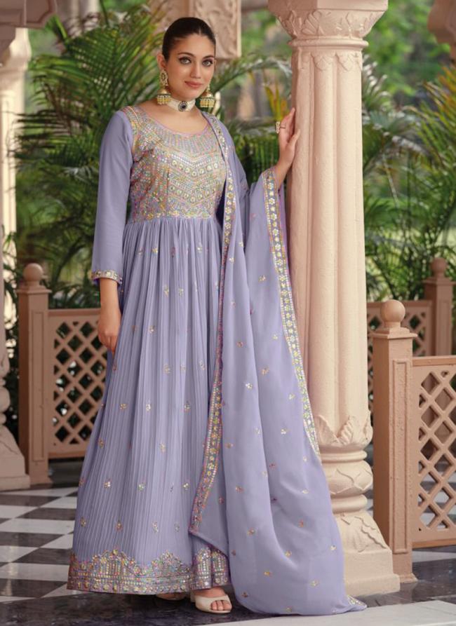 Lilac Georgette Party Wear Embroidery Work Gown With Dupatta