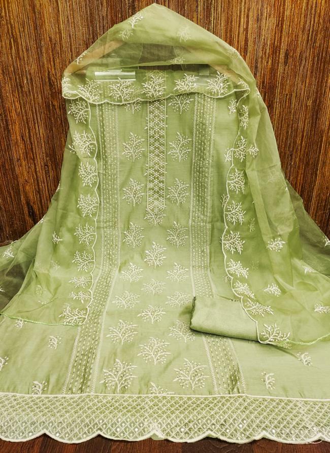 Pista Green Modal Chanderi Traditional Wear Sequins Work Dress Material