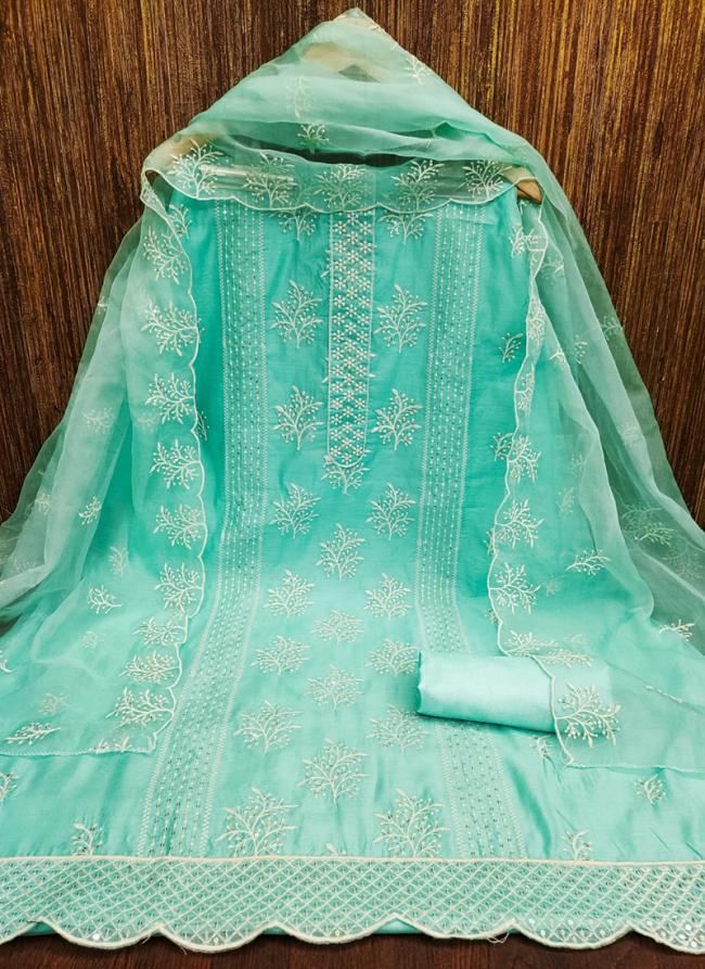 Turquoise Blue Modal Chanderi Traditional Wear Sequins Work Dress Material