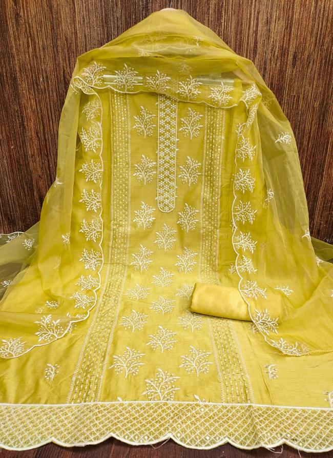 Yellow Modal Chanderi Traditional Wear Sequins Work Dress Material