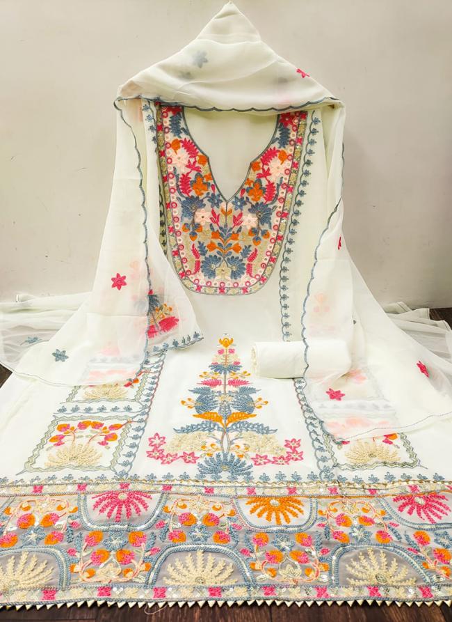 Cream Georgette Festival Wear Embroidery Work Dress Material