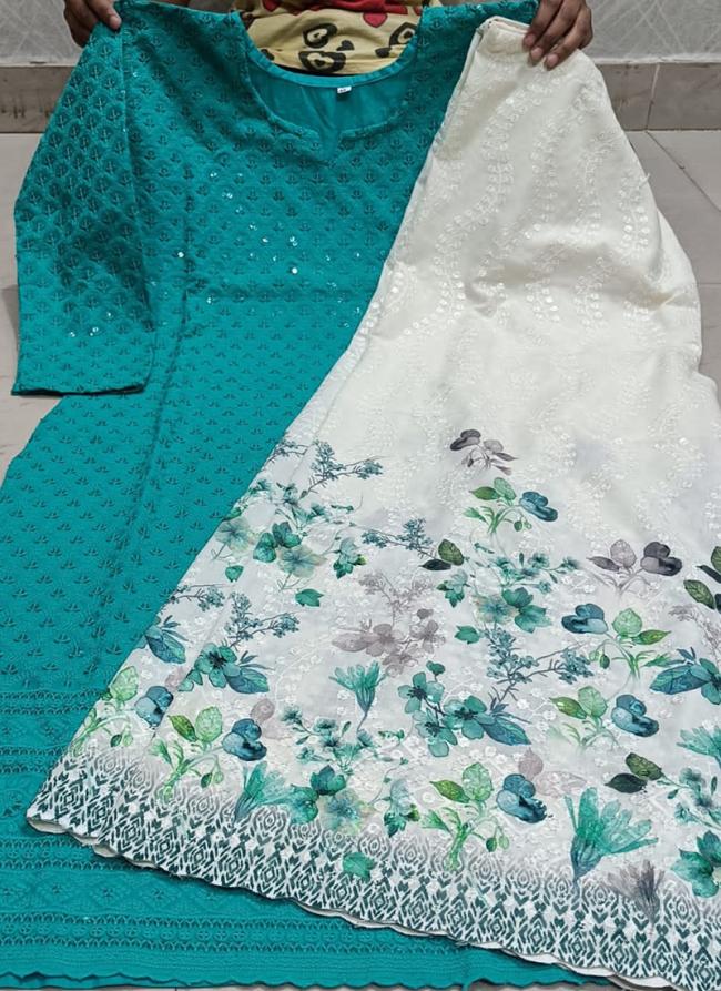 Sky Blue Cambric Cotton Festival Wear Chikankari Phulkari Suit