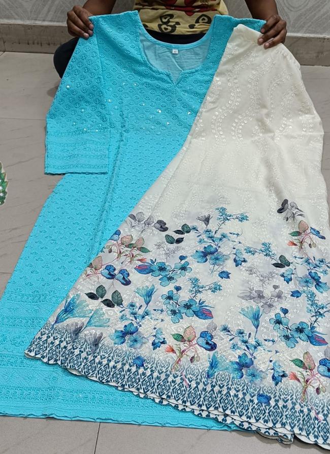 Sky Blue Cambric Cotton Festival Wear Chikankari Phulkari Suit