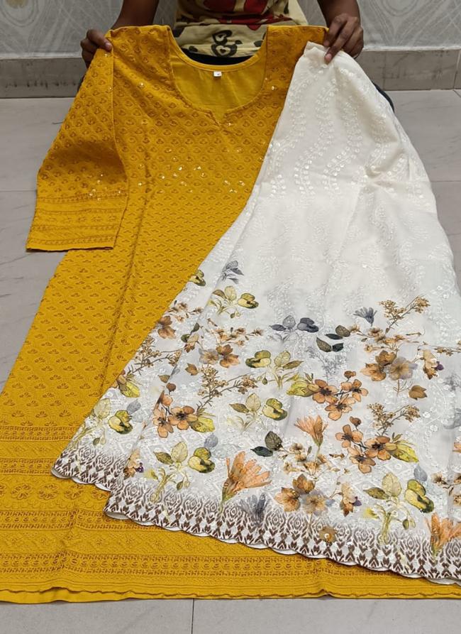 Yellow Cambric Cotton Festival Wear Chikankari Phulkari Suit