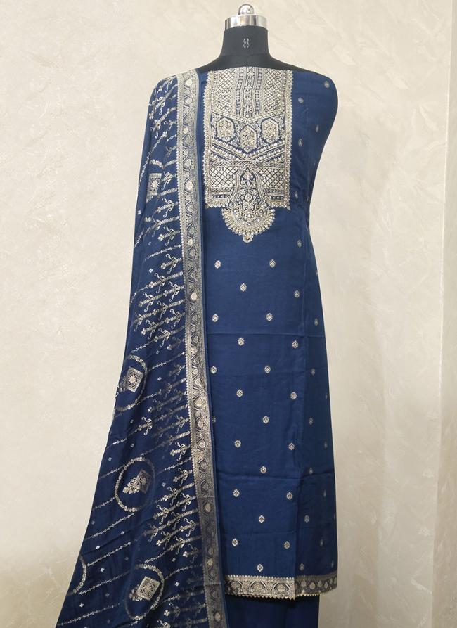Navy blue Russian Silk Party Wear Hand Work Dress Material