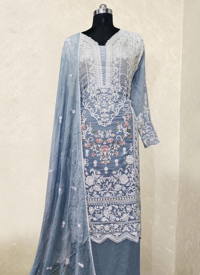 Blue Organza Festival Wear Lucknowi Work Dress Material
