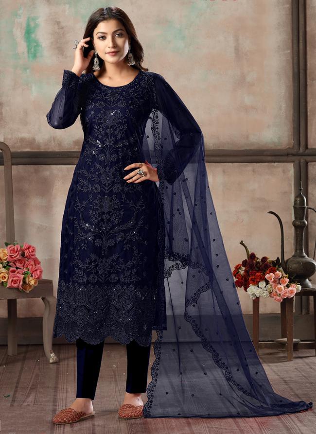 Navy blue Net Party Wear Sequins Work Straight Suit