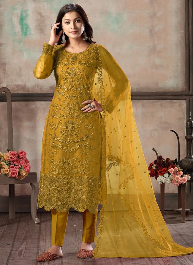 Yellow Net Party Wear Sequins Work Straight Suit