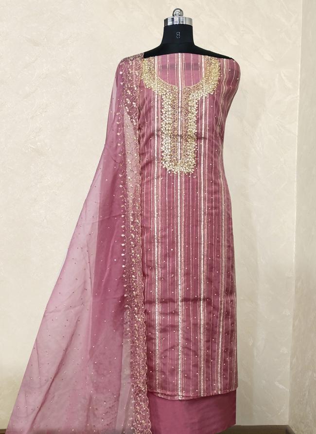Pink Organza Traditional Wear Hand Work Dress Material