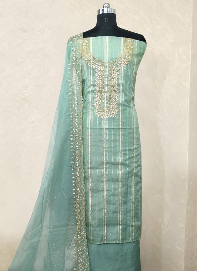Teal Organza Traditional Wear Hand Work Dress Material