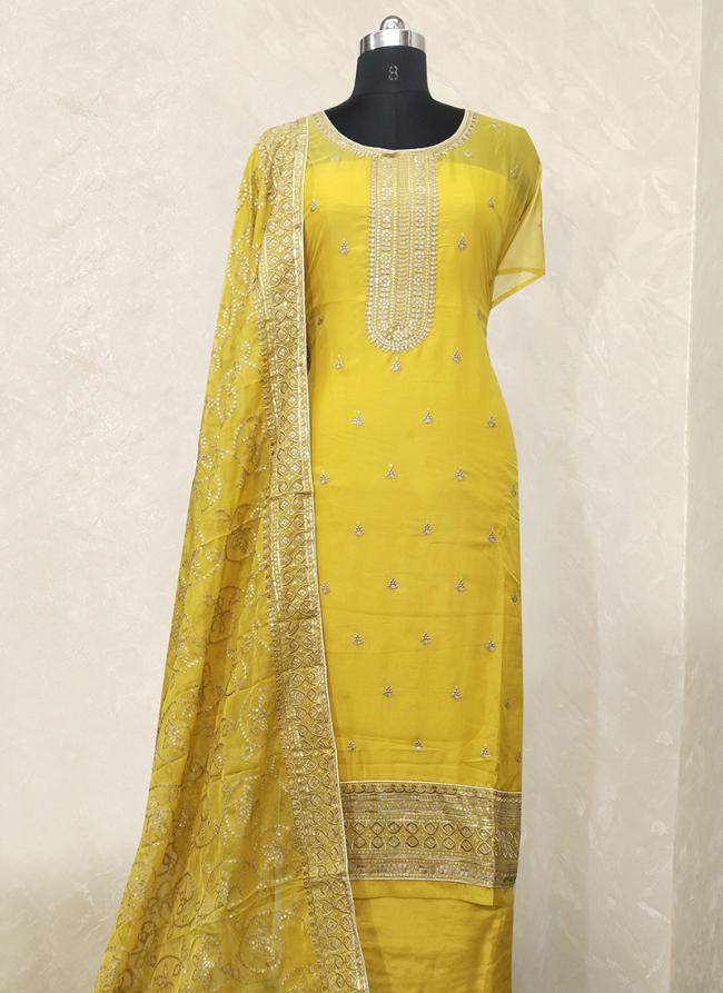 Yellow Pure Crepe Festival Wear Embroidery Work Dress Material