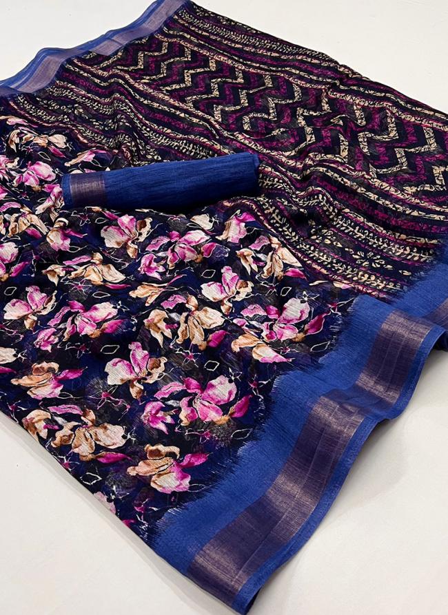 Blue Cotton Casual Wear Printed Work Saree