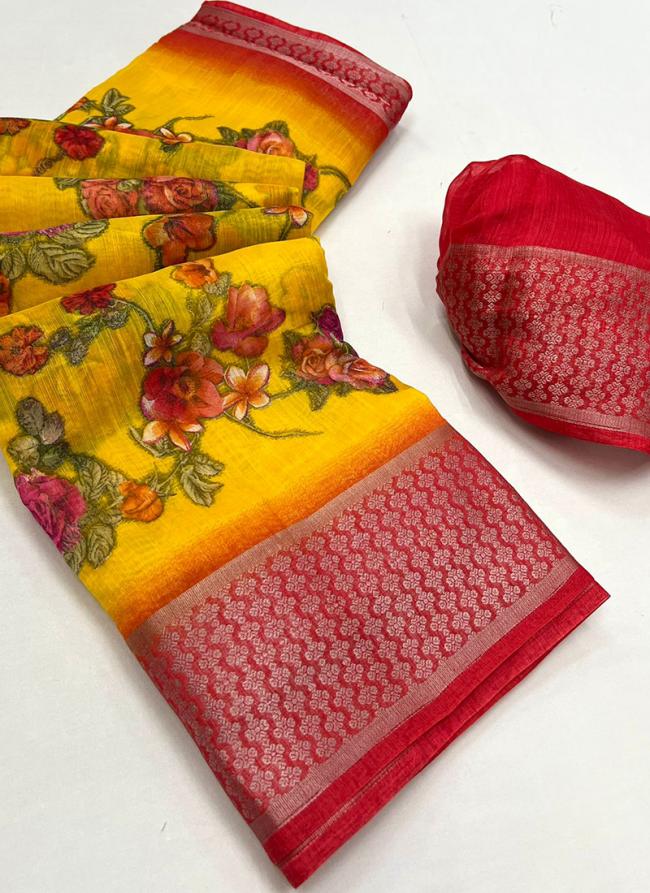 Yellow Cotton Silk Casual Wear Printed Work Saree