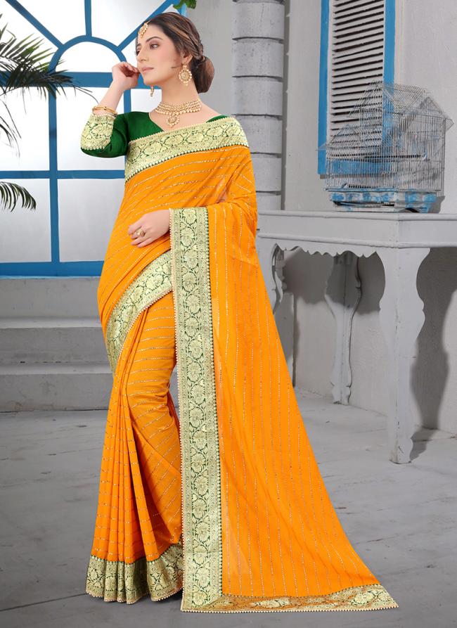 Mustard Vichitra Silk Festival Wear Border Work Saree